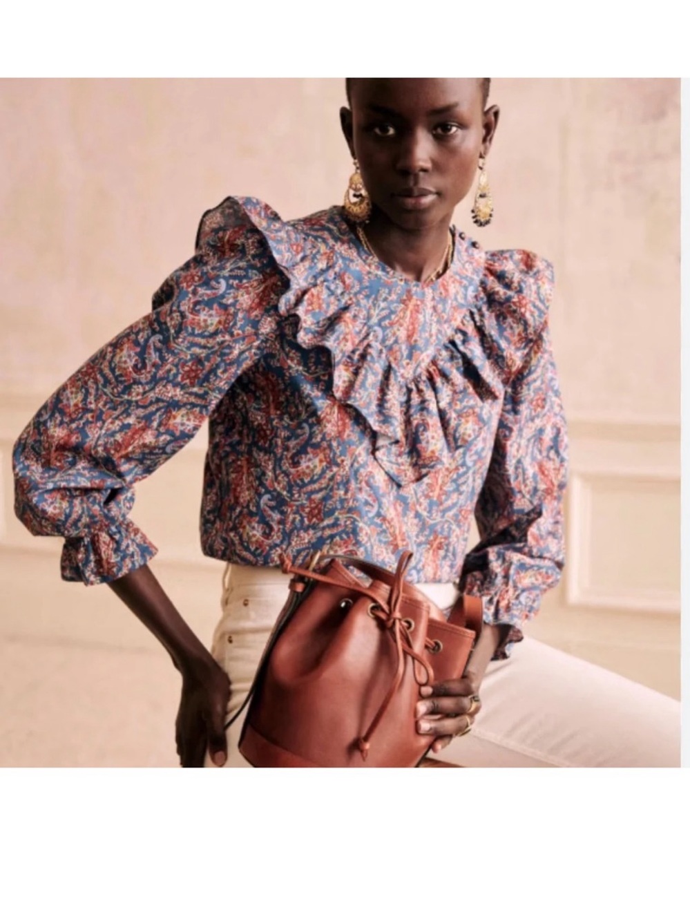SEZANE Paisley Ruffle Bateau Blouse Cotton Blue Top 38 US 6